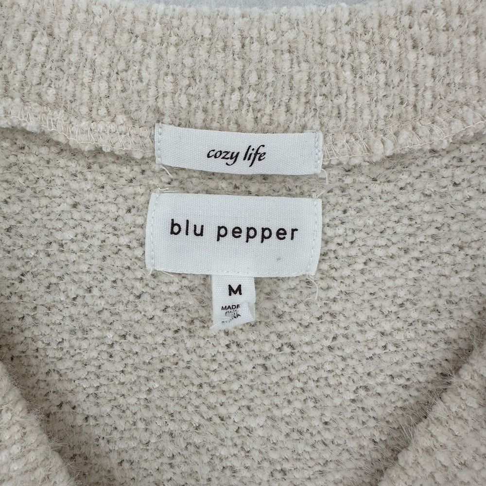 Blu Pepper Cozy Life Henley Sweater Cream Textured Knit V-Neck Cozy Womens M - Picture 6 of 9